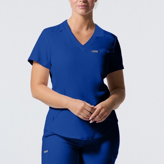HAUT, FEMME, LANDAU, ENCOLURE EN V, 2 POCHES BLEU GALAXIE