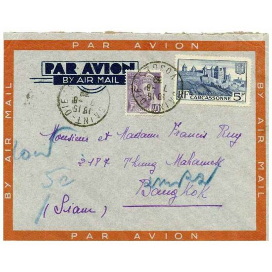 FRANCE  LETTRE  DE 1939   SAINT-DIE- BANGKOK  (THAÏLANDE )    TB