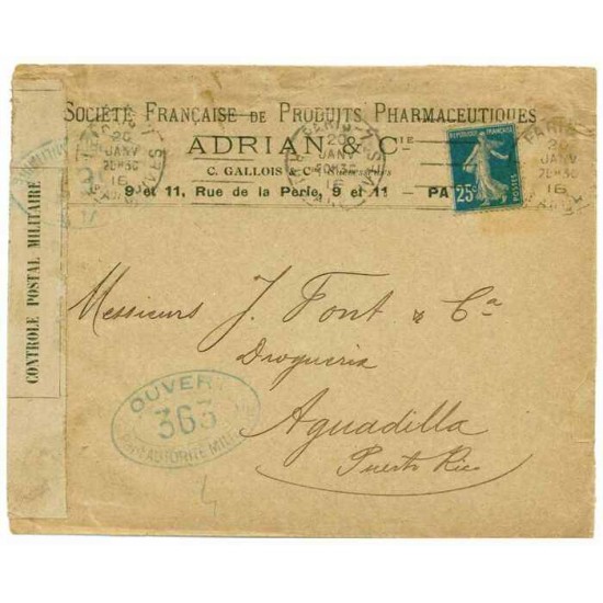 FRANCE LETTRE CENSURÉE  DE 1916   PARIS - PORTO-RICO   B-TB