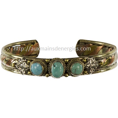 BRACELET-LAITON CUIVRE 3 PIERRES TURQUOISE DU...