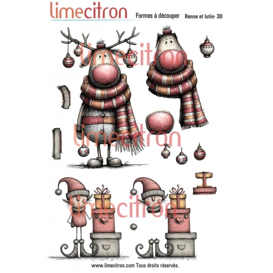Feuille de formes à découper - 3D  Renne et lutin - Téléchargeable