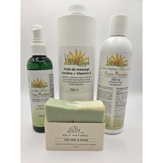 1x Huile à massage à l'azulène 500ml + 1x vaporisateur anti-douleur 120ml + 1x crème anti-douleur 250ml + 1x savon naturel no (401)