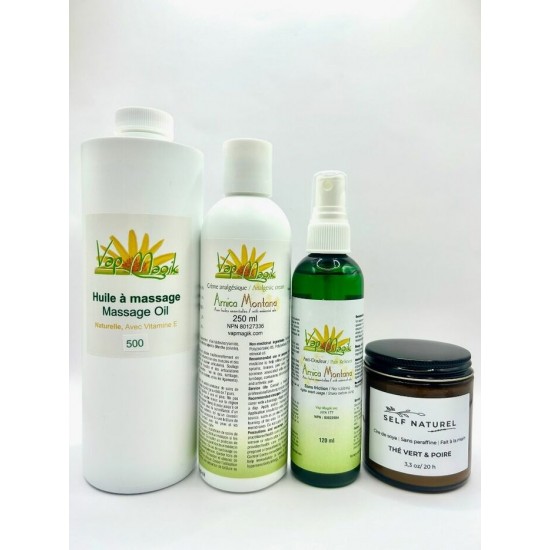 Ensemble relaxation garantie (huile à massage+ vaporisateur anti-douleur+ creme analgésique+ chandele parfumée) 425