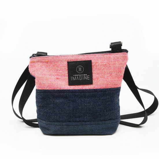 La Mini | Petit sac à main en denim récupéré bleu et corail tissé