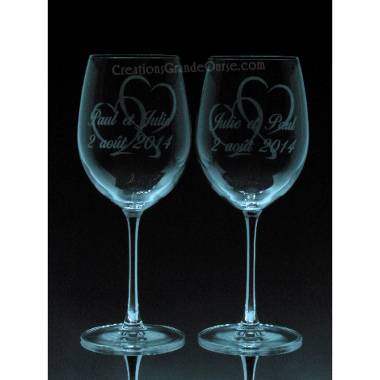 LOV-MA-Prénoms date+coeurs entrelacés-2 verres - prix basé sur verre à vin 20oz (exemple de Julie et Paul)