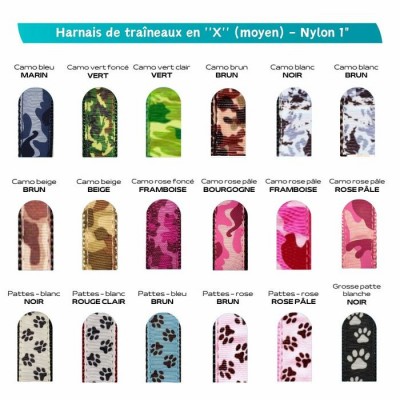 Harnais de traîneaux en ''X'' en nylon ajustable (moyen) à motifs - Plusieurs choix