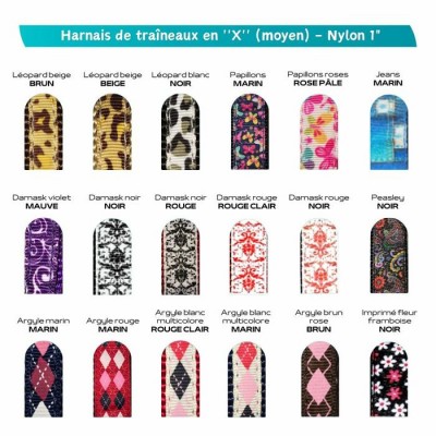Harnais de traîneaux en ''X'' en nylon ajustable (moyen) à motifs - Plusieurs choix