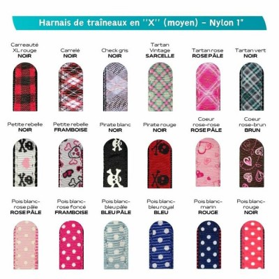 Harnais de traîneaux en ''X'' en nylon ajustable (moyen) à motifs - Plusieurs choix