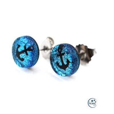 Boucles d'oreille en verre dichroïque (ancre gravée) 