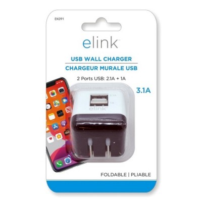 Chargeur mural à 2 ports USB avec fiche pliable 3.1 Amp EK091