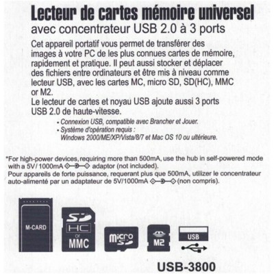 Lecteur de cartes mémoire universel + Concentrateur USB 2,0 à 3 ports