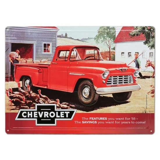 Enseigne Chevrolet Pick Up 55 Rouge en Métal embossé 12"x17"