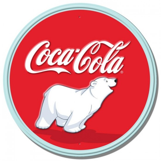 Enseigne Coca-Cola en métal ronde et embossé / Ours Polaire