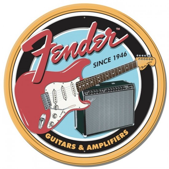 Enseigne Fender en métal  ronde et embossé / Guitare et Ampli