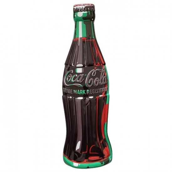 Enseigne Coca-Cola en métal découpé à la forme d'une bouteille avec relief