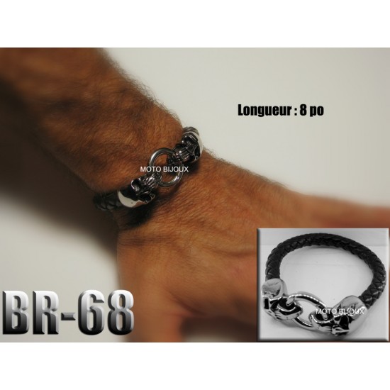 Br-068, Bracelet cuir tête de mort