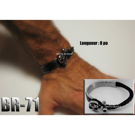 Br-071, Bracelet tête de mort acier inoxidable et cuir