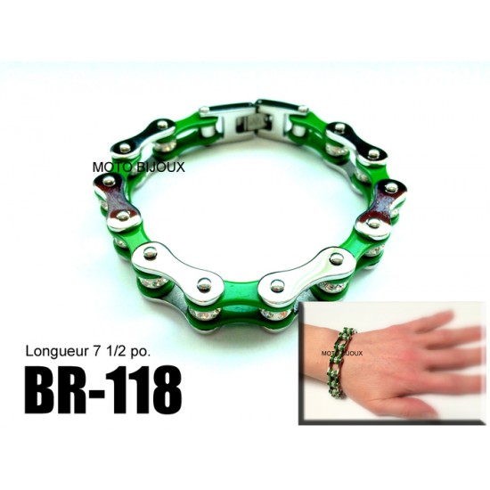 Br-118, Bracelet  chaîne vert argent  pierres...