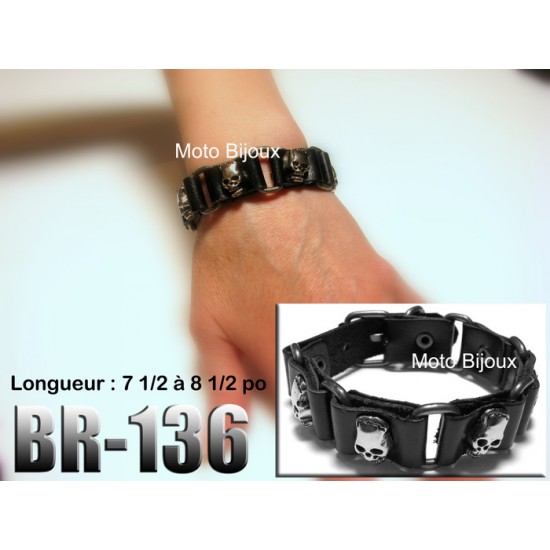 Br-136, Bracelet cuir noir tête de mort