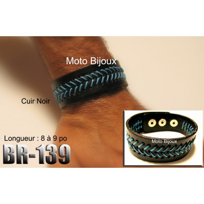 Br-139, Bracelet cuir noir tressé bleu