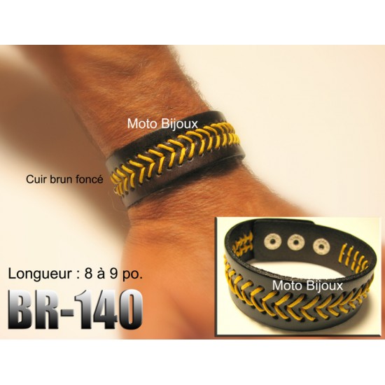 Br-140, Bracelet cuir brun foncé tressé jaune