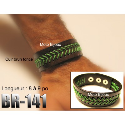 Br-141, Bracelet cuir brun foncé  tressé vert