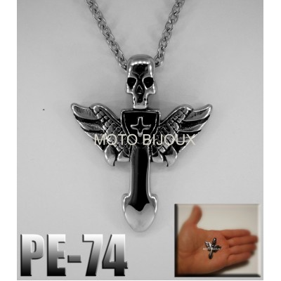 Pe-074, Pendentif  Croix Ailée tête de mort, ...