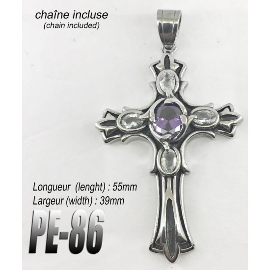 Pe-086, Pendentif Croix 2 tons 5 pierres, acier inoxidable ( Stainless Steel )