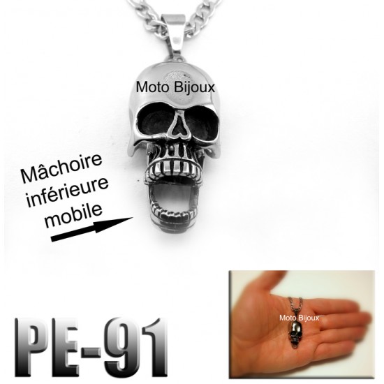 Pe-091, Tête de mort machoire mobile, acier inoxidable ( Stainless Steel )