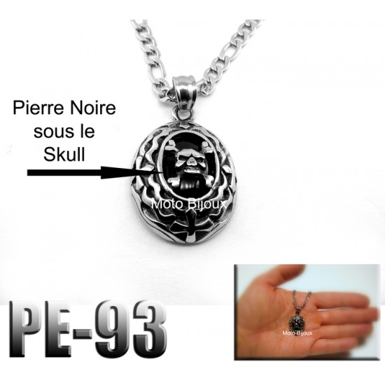 Pe-093, Pendentif ovale , Pierre noire, acier...