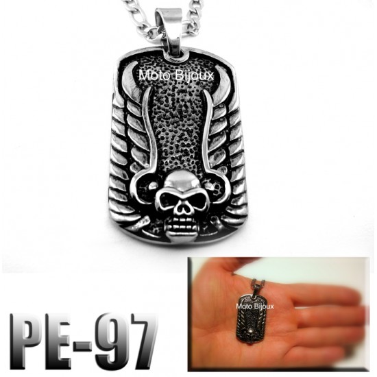 Pe-097, Pendentif plaque Tête de mort aillée, acier inoxidable ( Stainless Steel )