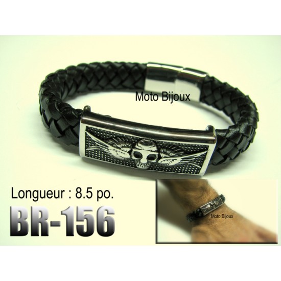 Br-156, Bracelet cuir , Tête de mort ailée