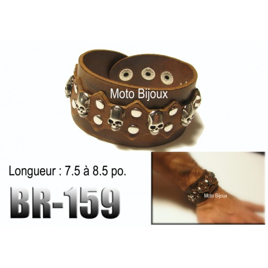 Br-159, Bracelet cuir brun, Multi-Têtes de mort