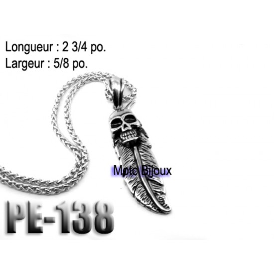 Pe-138, Pendentif  Plumes Skull  , Acier inoxidable ( Stainless Steel )