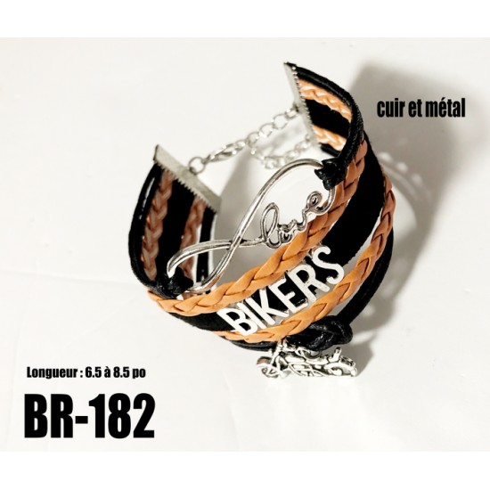 Br-182, bracelet Love Bikers cuir et métal  orange noir 