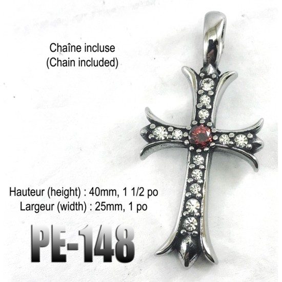 Pe-148, Pendentif Croix diamantée pierre rouge acier inoxidable ( Stainless Steel )