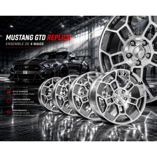 FR Ensemble de Mags Replique GT-D Argent Satiné avec Face Machiné 19x10 & 19x11 2005-2026 Mustang 