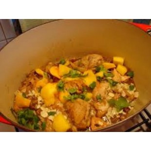 Poulet aux pêches/riz à l'échalote