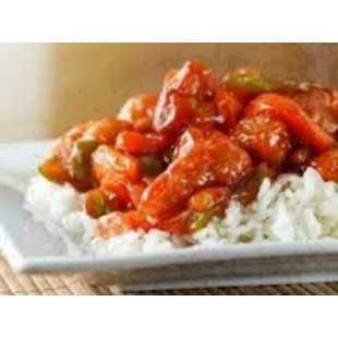 Poulet à l'aigre-douce avec riz à l'échalote