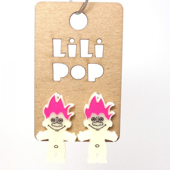 Boucles d'oreilles Lili POP- Troll vintage, cheveux rose