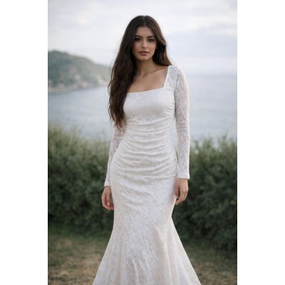Robe Longue Ajustée en Dentelle Blanche –...