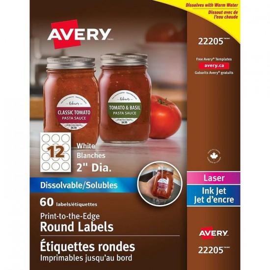 Avery® Étiquettes solubles rondes et imprimables...