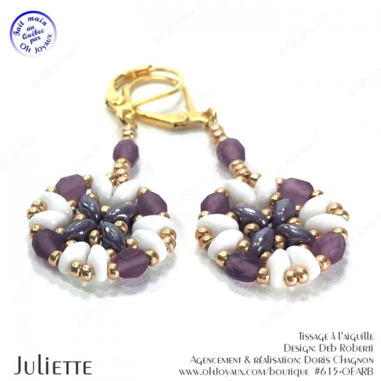 Boucles d'oreilles Juliette de couleur blanc, améthyste et doré