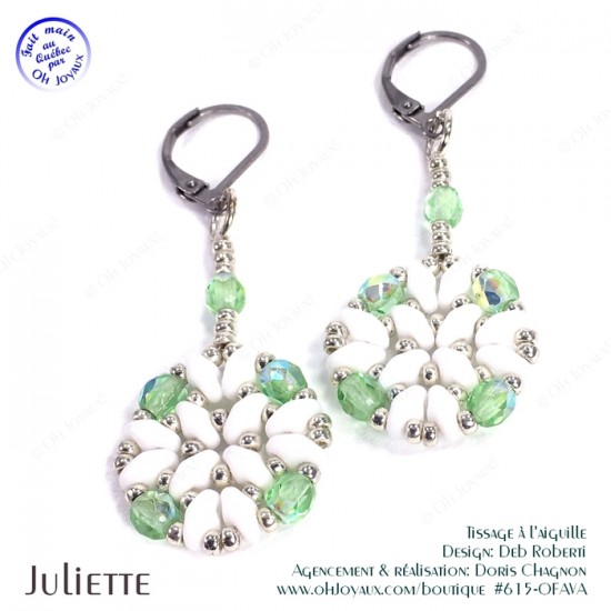 Boucles d'oreilles Juliette de couleur péridot, blanc, et argenté