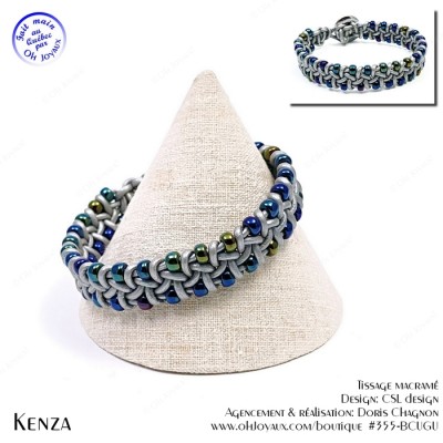 Bracelet Kenza en cuir argenté et perles marine