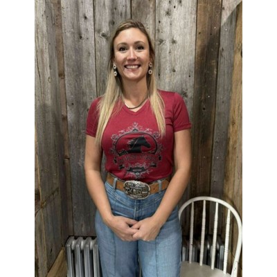 HORSE VIBES - T-Shirt col en V Fleur Westen - Rouge