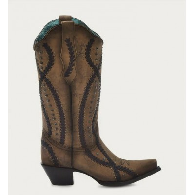 CORRAL - Bottes Brune Brodées Noires avec Cristaux et Clous