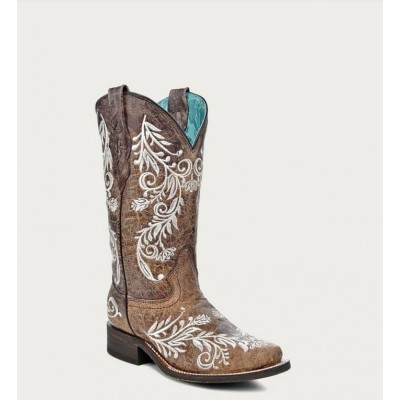 CORRAL - Bottes Brune à Broderie Florale Blanche...
