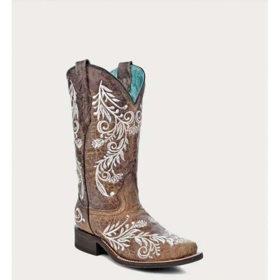 CORRAL - Bottes Brune à Broderie Florale Blanche Phosphorescente