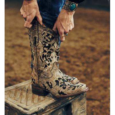 CORRAL - Bottes à Motif Floral Incrusté de Paillette Noir avec Cristaux et Clous
